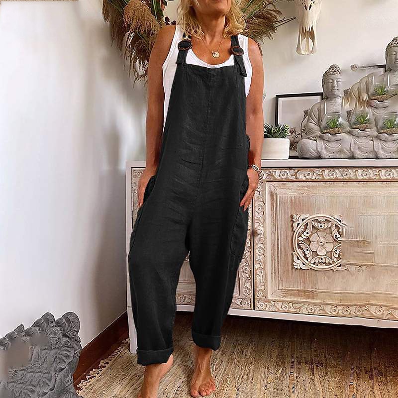 Women's Jumpsuits Casual Bib Utility Rompers Side Pockets Full Length Pants Weekend Inelastic Plain Faux Linen Comfort Mid Waist Green Black Red S M L XL XXL Summer Fall Dungarees2