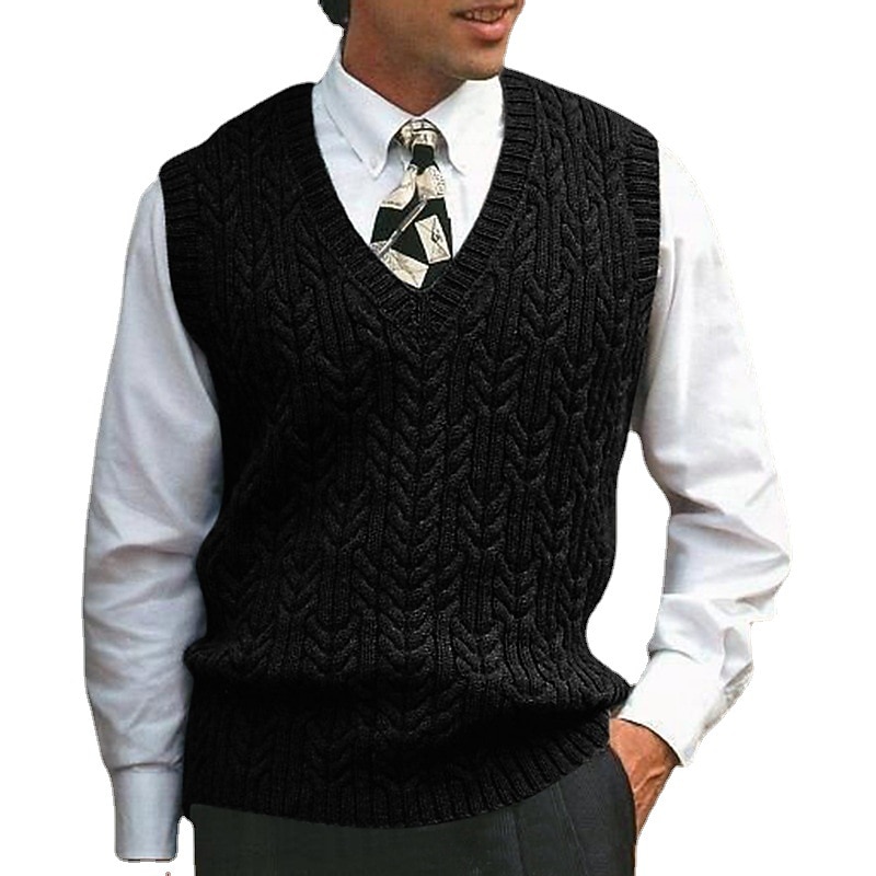 Men's Sweater Sweater Vest Pullover Cable Knit Knitted Solid Color V Neck Stylish Vintage Style Formal Outdoor Clothing Apparel Winter Fall Black Wine S M L4