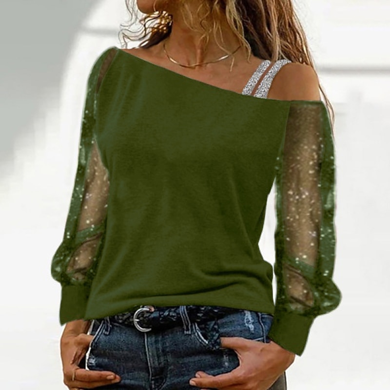 Women's T shirt Tee Black Wine Blue Plain Mesh Patchwork Long Sleeve Going out Weekend One-Shoulder Sexy Beach One Shoulder Regular S2