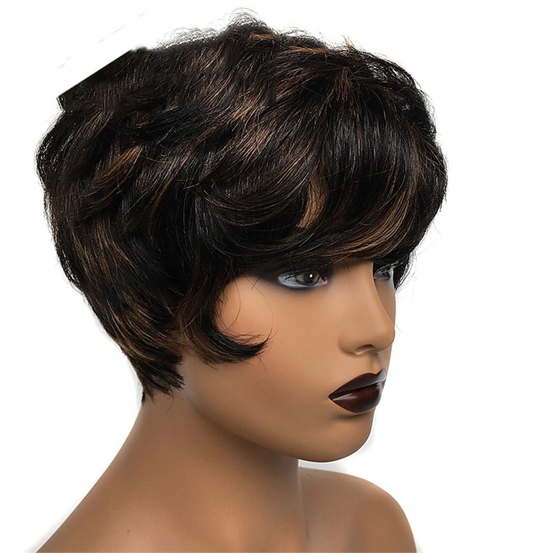 Human Hair Wig Short Natural Wave With Bangs Black Burgundy Dark Brown Soft Party Women Capless Brazilian Hair Women's Natural Black #1B Black / Grey Medium Brown#4 6 inch Party / Evening Daily Daily3