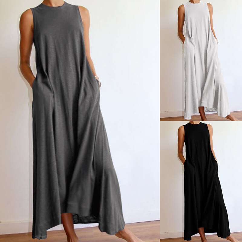 Women's Sleeveless Maxi Dress Pure Color Spring Summer Black Gray White S-XXXL4