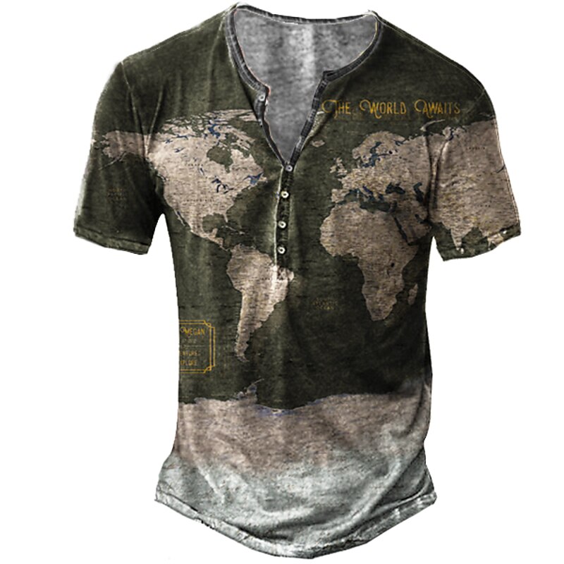Men's Map Graphic Prints T Shirt Henley Shirt Short Sleeve 3D Print Vintage Sports Fashion Outdoor Street Daily Summer Blue Green Rainbow Light Blue Henley Henley T-Shirt2