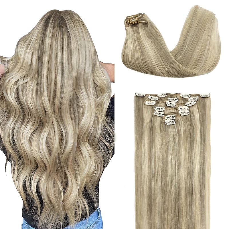 Blonde Hair Extensions Real Hair 12-24 Inch 120g 7 Pieces Ash Blonde Highlights Platinum Blonde Clip in Hair Extensions Real Straight Thick Hair Extensions for Women