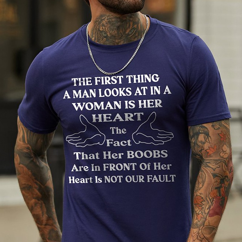 Men's Funny Graphic T-Shirt: 'Heart & Boobs Not Our Fault' Humorous Relationship Quote Short Sleeve Tee3