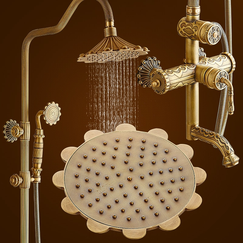 Shower Faucet,Rainfall Shower System Body Jet Massage Set - Handshower Included pullout Rainfall Shower Antique Vintage Style Antique Brass Mount Inside Brass Valve Bath Shower Mixer Taps