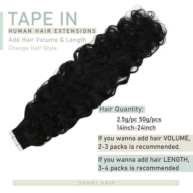 Tape in Extensions Natural Wave 14inch 50Gram Natural Black Tape in Hair Extensions Real Human Hair Natural Wavy Hair Extensions2