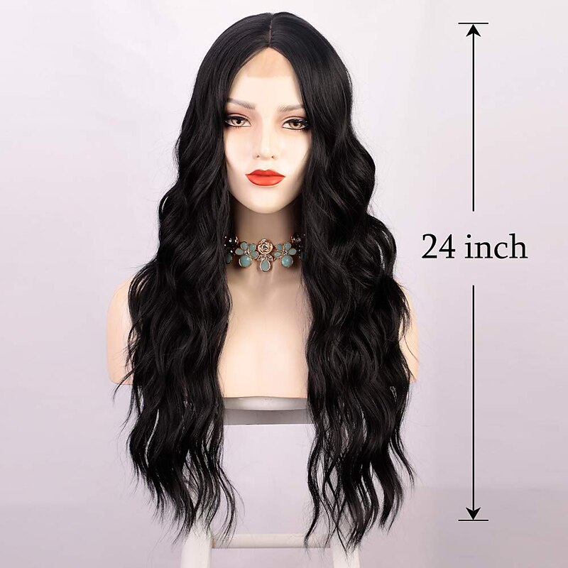 Long Black Wavy Wigs for Women Middle Part Curly Black Wig Natural Looking Synthetic Heat Resistant Fiber Wigs Hair Replacement Wigs for Daily Party Use Wig 24inch Christmas Party Wigs4