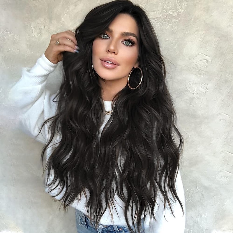 Long Black Wavy Wigs for Women Middle Part Curly Black Wig Natural Looking Synthetic Heat Resistant Fiber Wigs Hair Replacement Wigs for Daily Party Use Wig 24inch Christmas Party Wigs