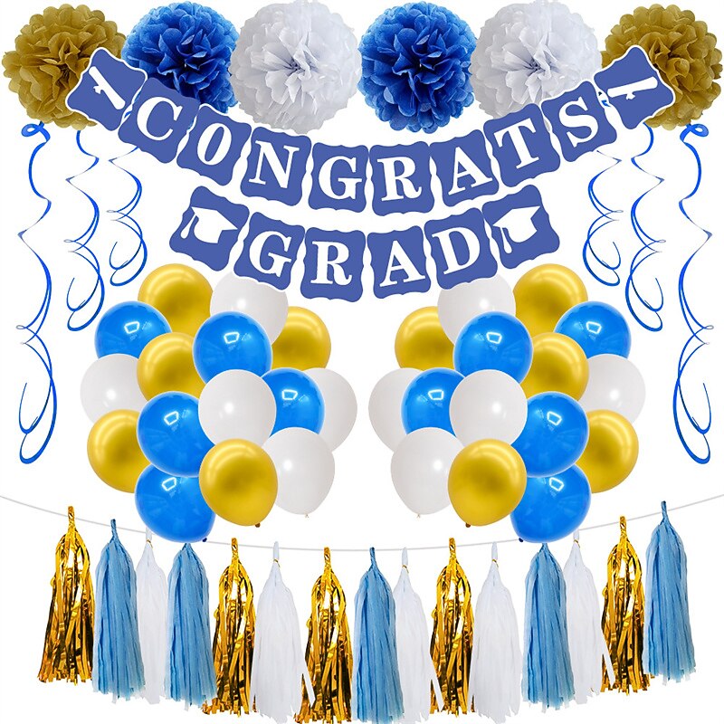 Graduation Ceremony Balloon Set Congrats Blue and White Graduation Season Pull Flag 10 Inch Latex Balloon Set2