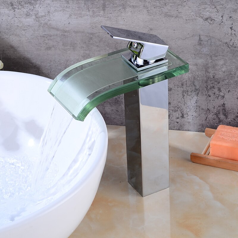 Chrome Waterfall Tap - Wash Basin Tap with Glass - Single-Handle Mixer Tap for Bathroom Sinks2