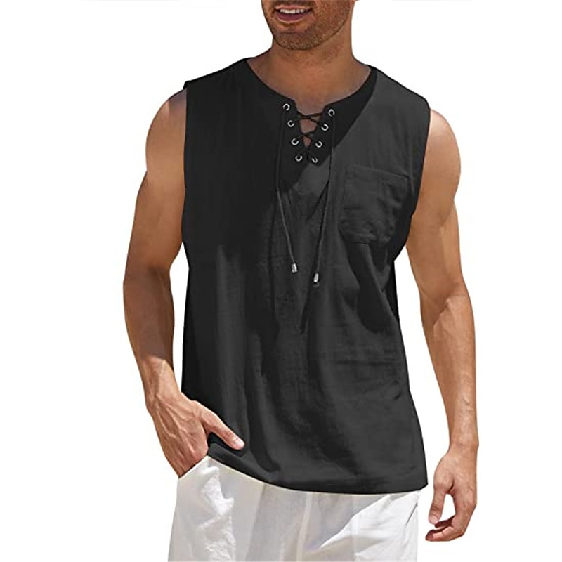 Men's White Cotton Shirt Summer Shirt Casual Shirt Beach Shirt Cotton Linen Shirt Plain Outdoor Vacation Black White Wine Brown Sleeveless V Neck Summer Clothing Apparel Lace up4