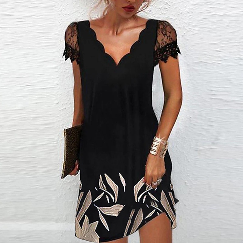 Women's Midi Dress Casual Dress Shift Dress Elegant Fashion Basic Lace Sleeve Vacation Daily Holiday Regular Fit Floral Short Sleeve V Neck Scalloped Neck Black Rainbow Summer Spring