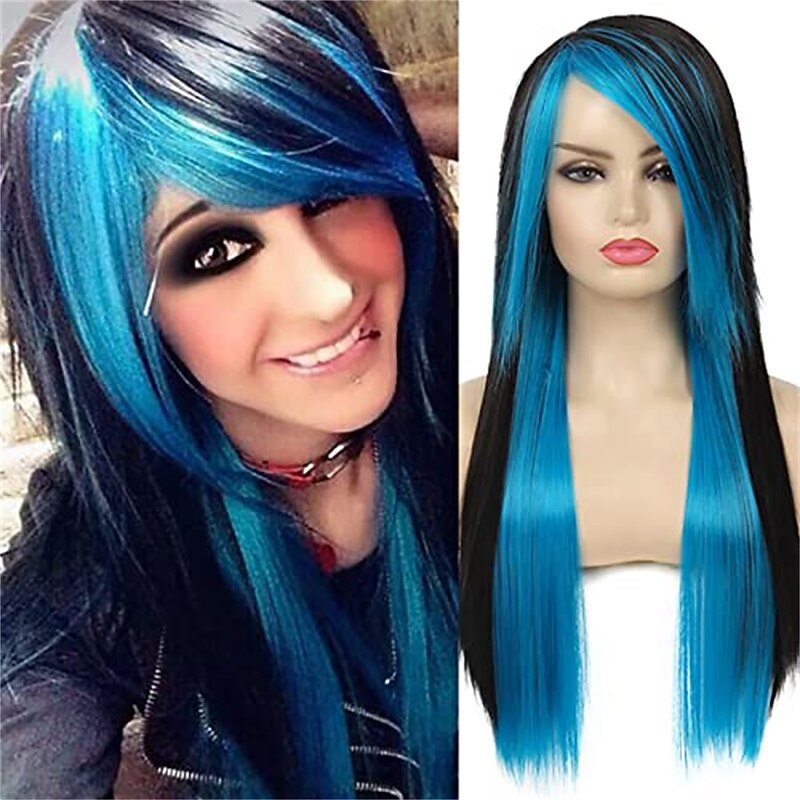 Blue Wigs Long Blue Black Wig Silky Straight Synthetic Heat Resistant Side Bangs   Hair Wigs for Women Girls Halloween Wigs