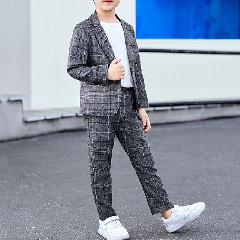 3 Pieces Ring Bearer Suit Boys Kids Suit Formal Suit Suit & Blazer Clothing Set School Party Street Basic Formal Gentle Plaid Gray Polyester2