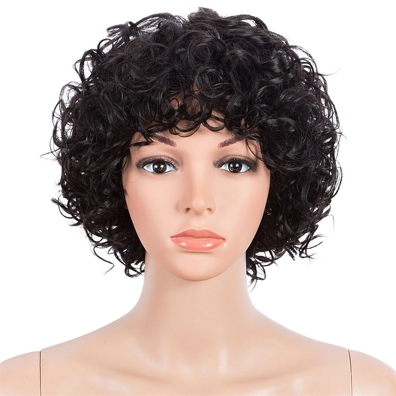Human Hair Wig Curly With Bangs Black Soft Women Easy dressing Capless Brazilian Hair Women's Natural Black #1B 8 inch Party / Evening Daily Daily Wear3