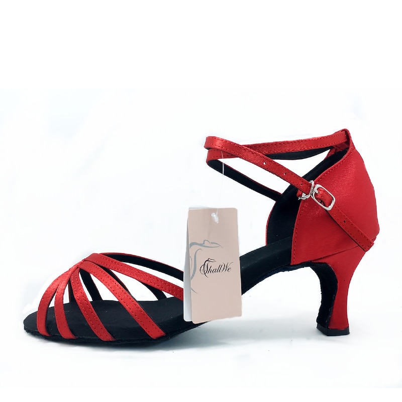 Women's Red Satin Latin Dance Shoes – Strappy Ballroom Heels with Suede Sole for Salsa & Performance3