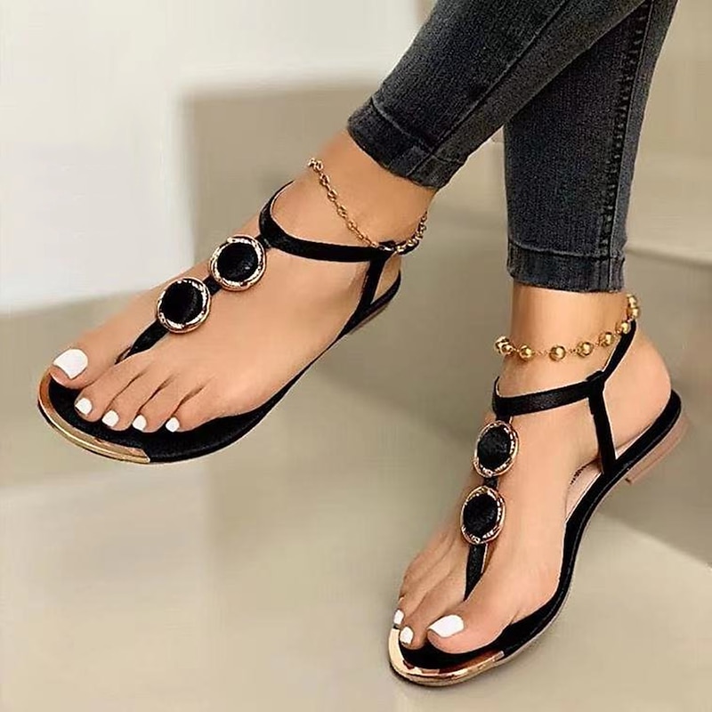 Women's Black Rhinestone Embellished Flat Sandals – Stylish Summer Footwear for Casual and Beach Wear
