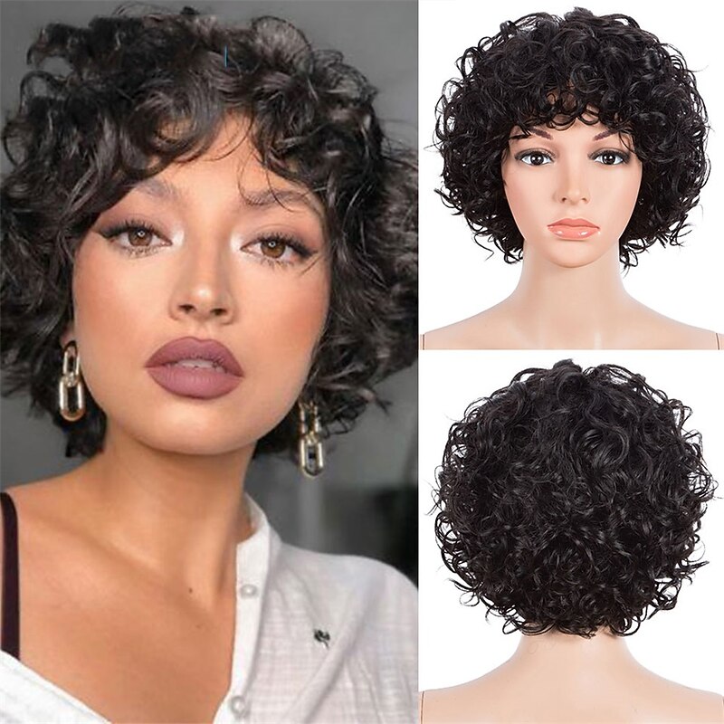 Human Hair Wig Curly With Bangs Black Soft Women Easy dressing Capless Brazilian Hair Women's Natural Black #1B 8 inch Party / Evening Daily Daily Wear2