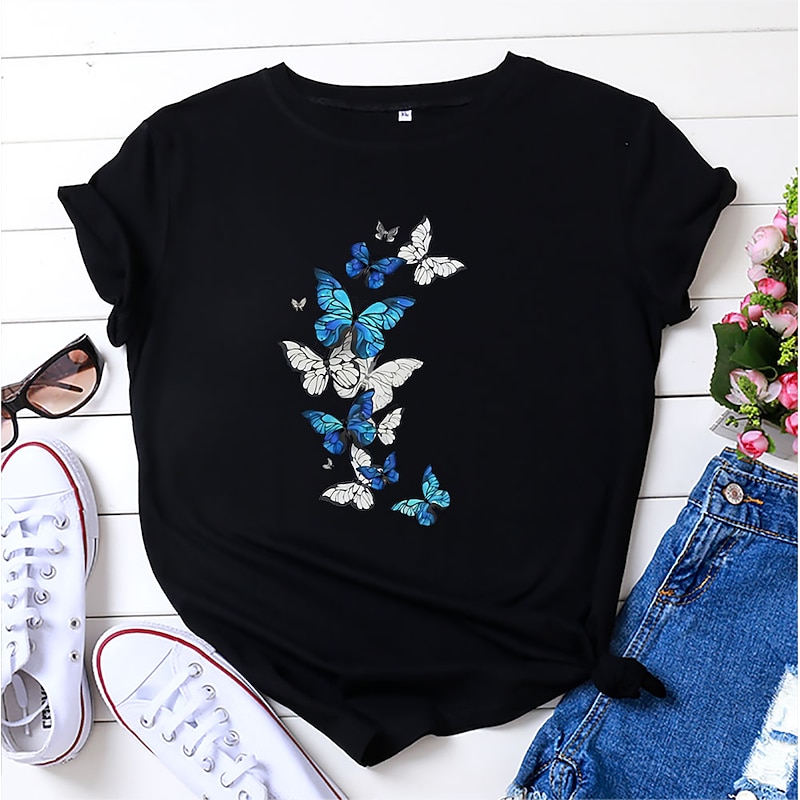 Women's T Shirt Butterfly Basic Short Sleeve T-shirt Sleeve Round Neck Regular Tops Home Daily Date Print Basic Black White Dark Pink Blue Summer 10