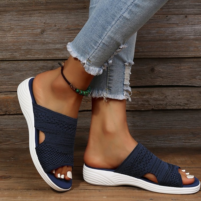 Women's Navy Blue Knit Slip-On Sandals with Comfortable Sole - Casual Open-Toe Slides for Summer2