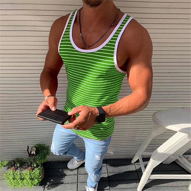 Men's Tank Top Vest Top Undershirt Sleeveless Shirt Sleeveless Crew Neck Summer Striped Fashion Lightweight Breathable Outdoor Street Casual Red Blue Green Top Tee for Men4