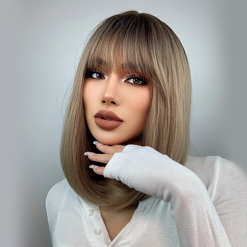 Synthetic Wig Natural Straight With Bangs Wig 16 inch Ombre Brown Synthetic Hair Women's Natural Fashion Fluffy Brown4