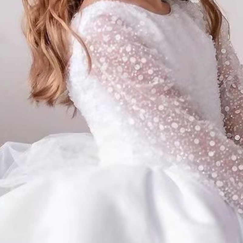 Flower Girl Dress Girls' Dress First Communion Dress Performance Wedding Party Princess Sweet Ruched Mesh Polka Dot Long Sleeve Crew Neck Type A Type B 3-12 Years4