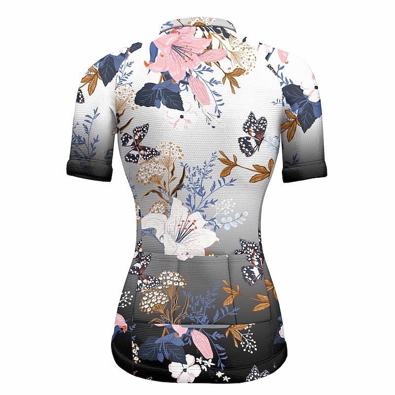 Women's Cycling Jersey Floral Botanical Short Sleeve Bike Jersey Top with 3 Rear Pockets Mountain Bike MTB Road Bike Cycling Quick Dry Reflective Strips Back Pocket Moisture Wicking Sports Black White2
