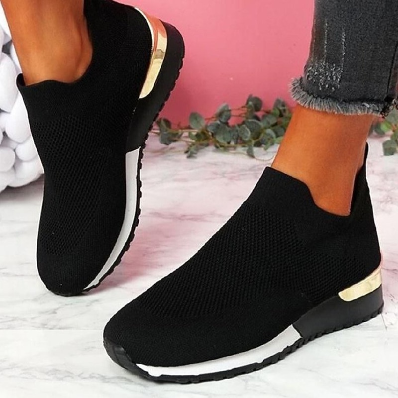 Women's White Slip-On Knit Sneakers – Breathable Lightweight Walking Shoes with Gold Heel Accent for Casual Wear, Travel, and Fitness3