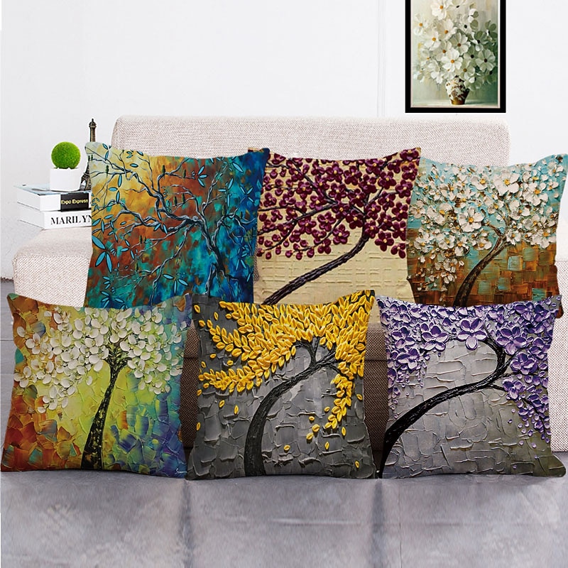 1 Set of 5 PCS Throw Pillow Covers Modern Oil Paitng Style Leaves  Decorative Throw Pillow Cushion for Room Decor Outdoor/Indoor Cushion for Sofa Couch Bed Chair4