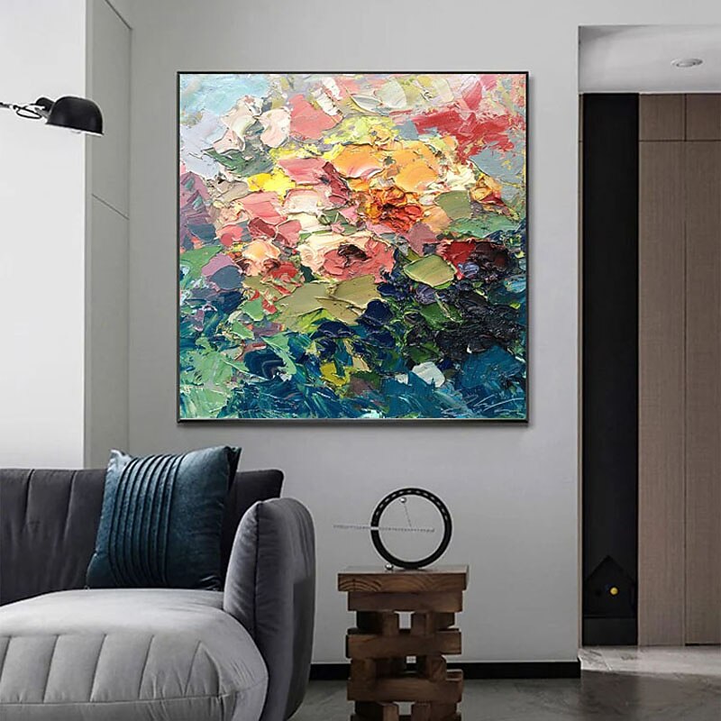Oil Painting Hand Painted Square Abstract Floral / Botanical Classic Modern Rolled Canvas (No Frame) 7