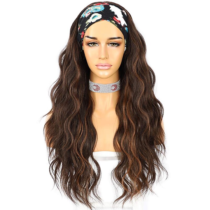 Headband Wigs Glueless Headband Wig Loose Body Wavy Synthetic Hair Wigs for Black Women Wave None Lace Front Wigs Mix Brown Color Machine Made Wigs 150% Density 26inch3