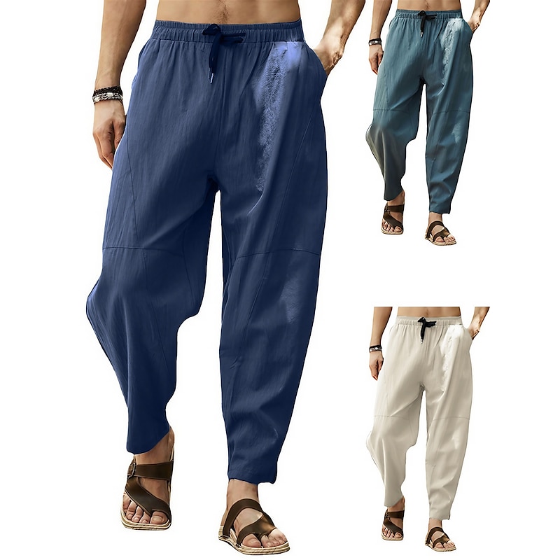 Men's Linen Pants Summer Pants Pocket Drawstring Plain Casual Daily Yoga Cotton Blend Basic Classic Black White