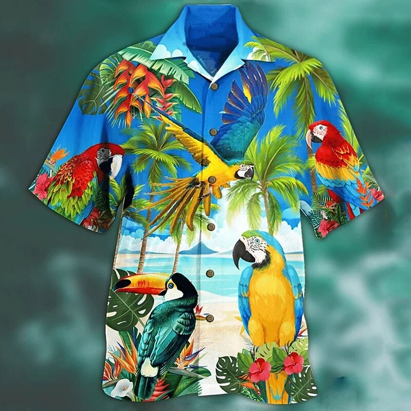 Men's Animal Parrot Palm Leaf Shirt Summer Hawaiian Shirt Camp Collar Shirt Short Sleeve Shirt Turndown Fashion Designer Casual Outdoor Street Casual Lake blue Sea Blue Red 3D Print S M L2
