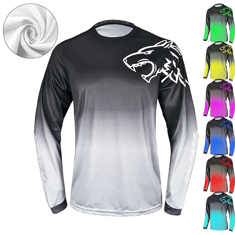 Men's Downhill Jersey Long Sleeve Mountain Bike MTB Road Bike Cycling Wine Red Yellow Red Gradient Wolf Bike Jersey Fleece Lining Breathable Quick Dry Polyester Sports Gradient Wolf Clothing Apparel2