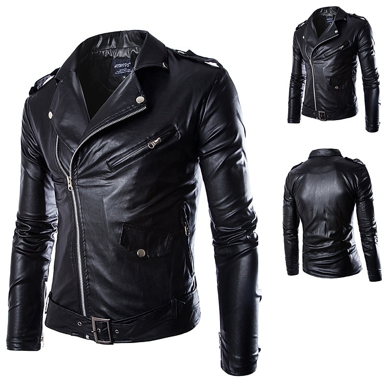 Men's Biker Jacket Faux Leather Jacket Motorcycle Jacket Daily Weekend Thermal Warm Rain Waterproof Fall Solid Colored Streetwear Punk & Gothic V Neck Short Slim Black White Jacket3