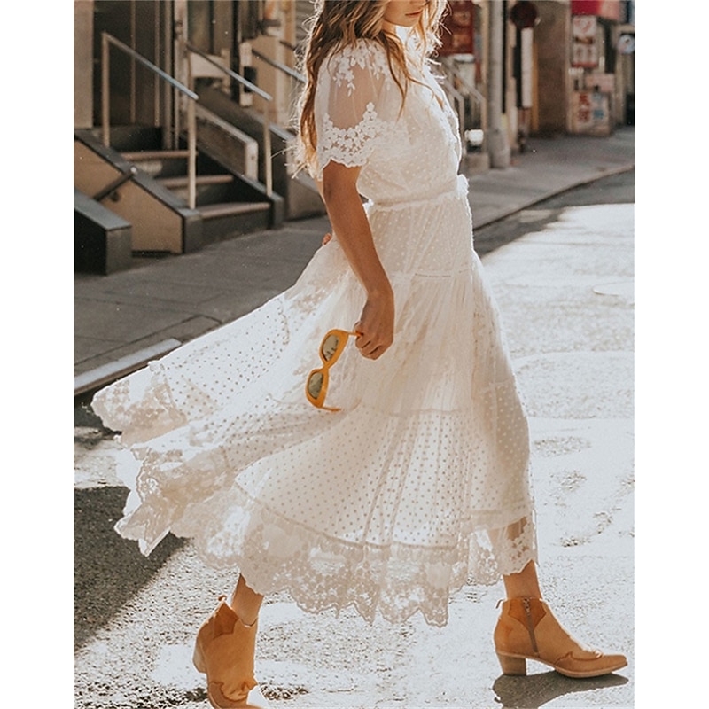 Women's Maxi long Dress White Dress Lace Dress Holiday Dress Swing Dress Elegant Romantic Boho Vacation Holiday Date Regular Fit Pure Color Short Sleeve V Neck White Summer Spring