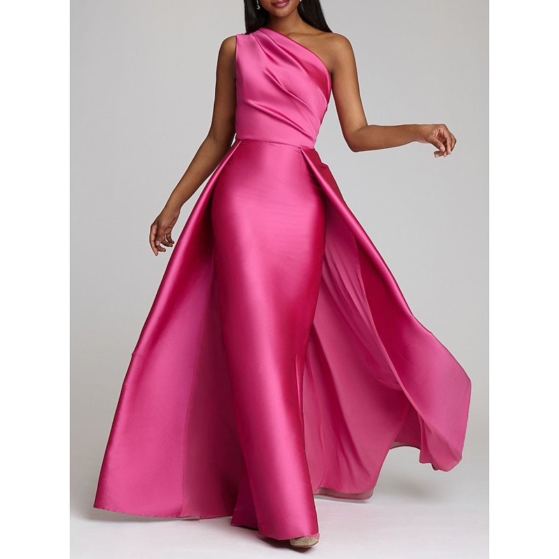 Beach Wedding Sheath Evening Gown Elegant Dress Wedding Guest Cocktail Party Floor Length Sleeveless One Shoulder Satin with Overskirt Pure Color