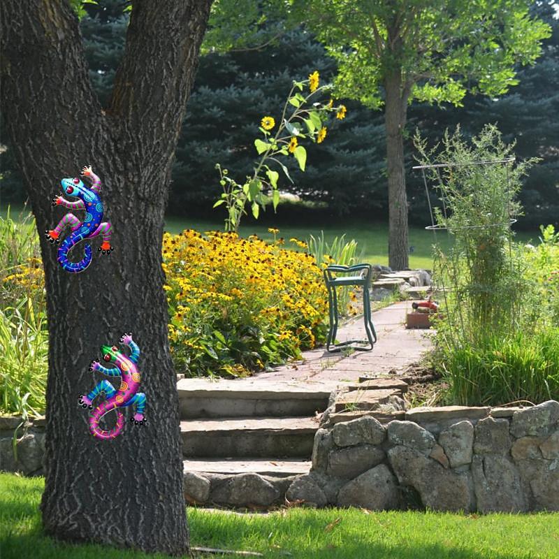 Colorful Metal Gecko Decor Wall Sculptures Ornaments Garden Art for Patio Porch Fence Backyard Outdoor Lucky Hanging Decoration2