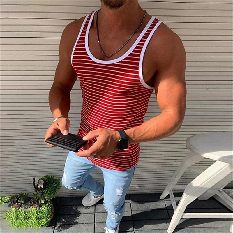 Men's Tank Top Vest Top Undershirt Sleeveless Shirt Sleeveless Crew Neck Summer Striped Fashion Lightweight Breathable Outdoor Street Casual Red Blue Green Top Tee for Men2