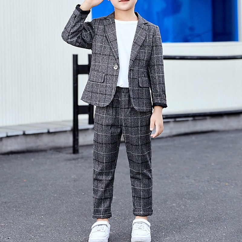 3 Pieces Ring Bearer Suit Boys Kids Suit Formal Suit Suit & Blazer Clothing Set School Party Street Basic Formal Gentle Plaid Gray Polyester4