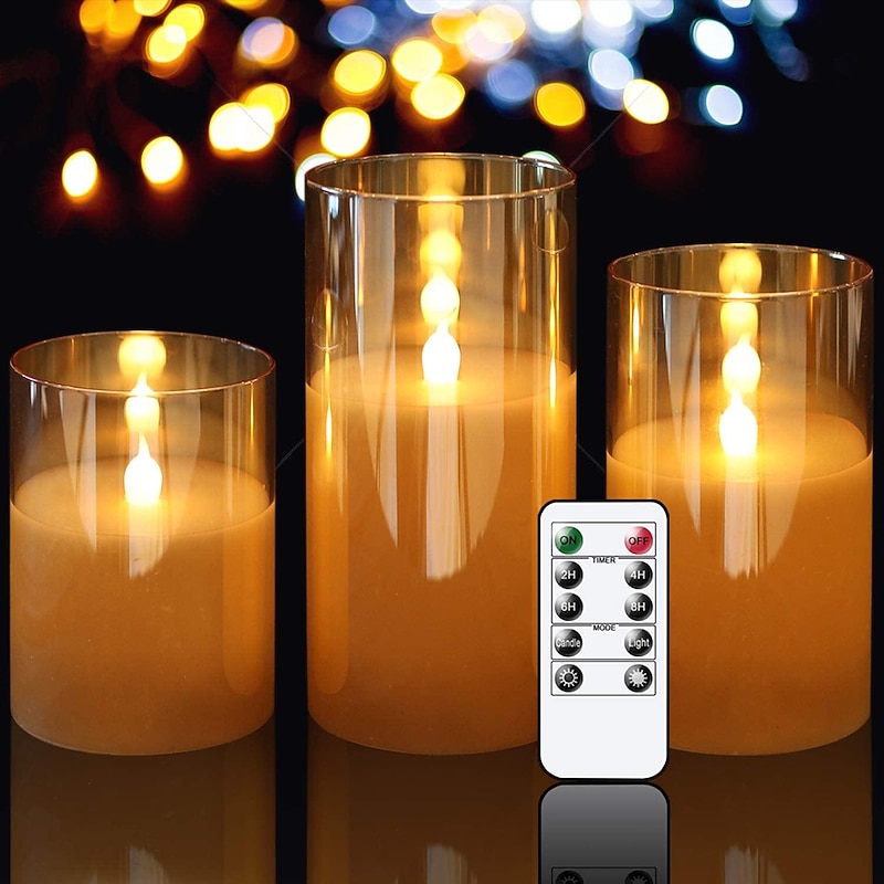 3pcs Flameless Candles Lights with Timer Battery Operated Flickering Candles Imitation Glass Candles with Remote for Romantic Ambiance and Home Decoration Durable Acrylic Shell