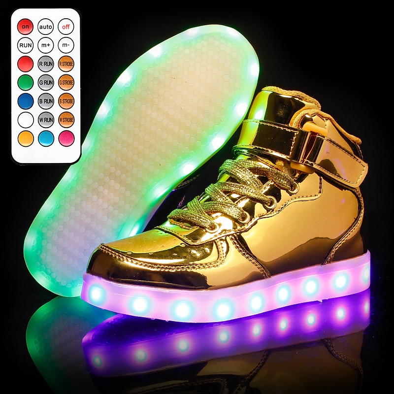 Boys' and Girls' Gold LED Light-Up High-Top Sneakers – USB Rechargeable Luminous Shoes for Parties & Performances