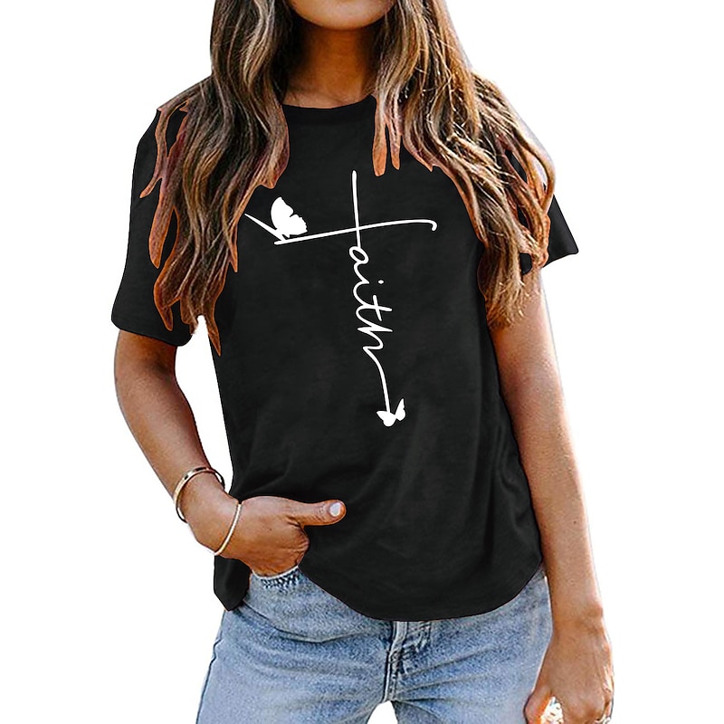 Women's T Shirt Butterfly Letter Faith Basic Short Sleeve Round Neck Regular Tops Daily Navy blue (white font) Black (white font) Dark green (white font) dark grey (white font) Burgundy (white font)4