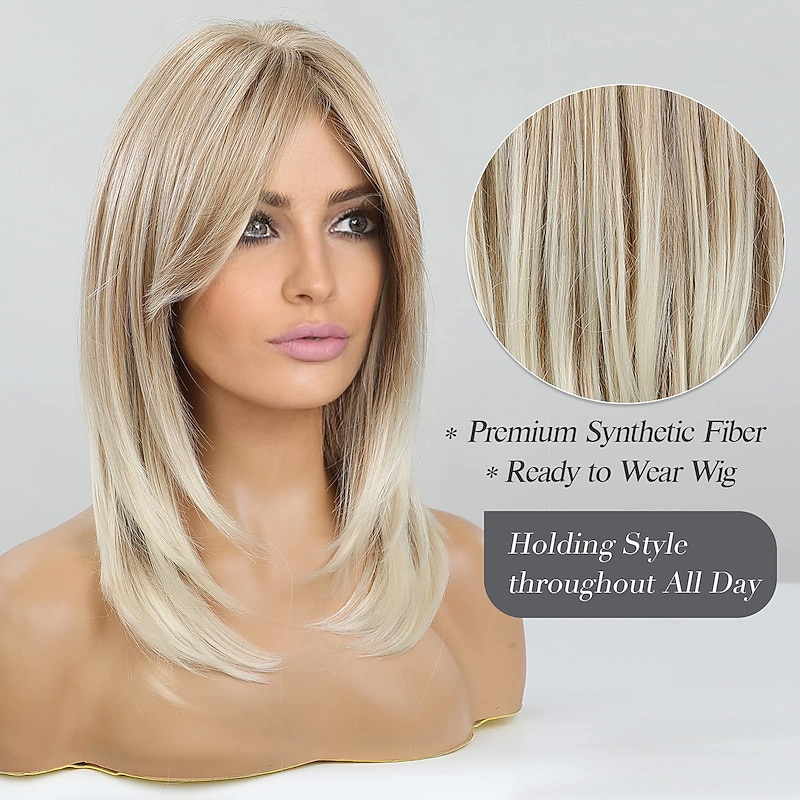 Blonde Wigs with Bangs Long Layered Blonde Wig Women Synthetic Wig with Bangs 18inch Christmas Party Wigs3