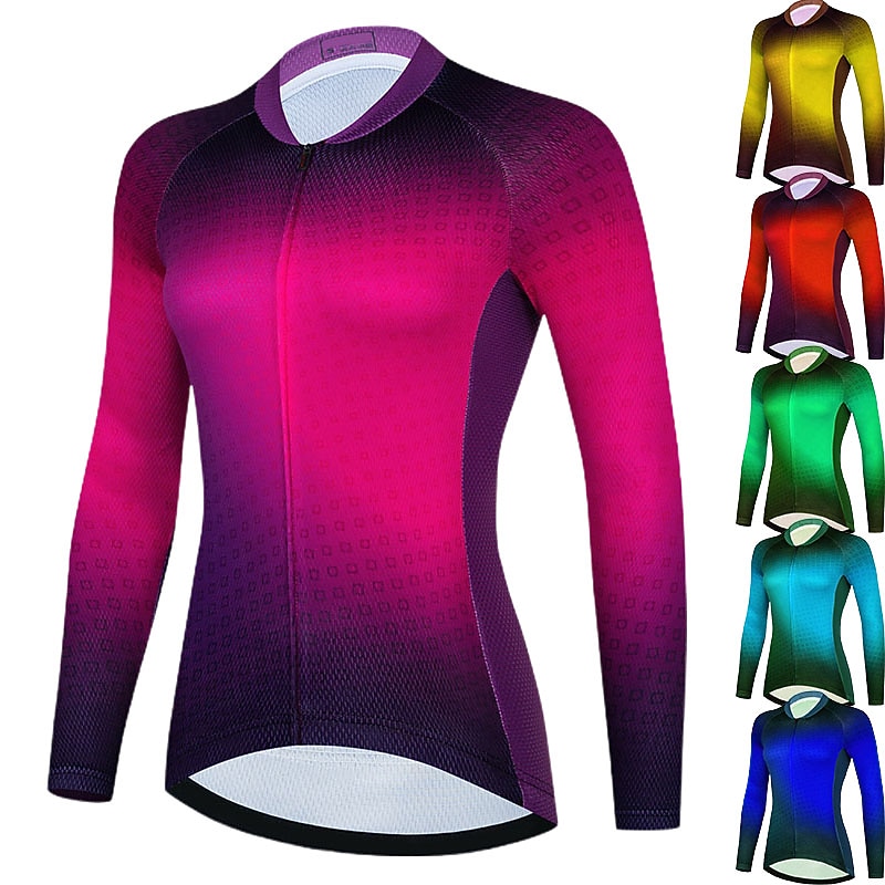 Women's Cycling Jersey Gradient Plaid Checkered Long Sleeve Bike Jersey Top with 3 Rear Pockets Mountain Bike MTB Road Bike Cycling Quick Dry Reflective Strips Back Pocket Moisture Wicking Sports2