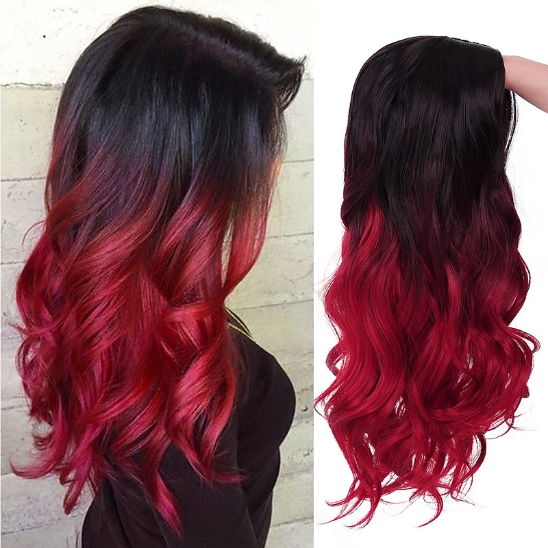 Black to Red Wig Women Long Wavy Wig Side Color Synthetic Heat Resistant Wig for Everyday Party Costume Halloween Christmas Party Wigs3
