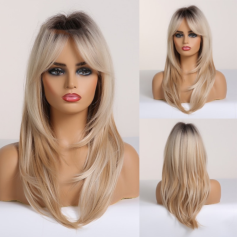 Blonde Wigs with Bangs  Long Straight Wigs Ombre Black Blonde Ash Wigs with Bangs Heat Resistant Synthetic Wigs for African American Women Christmas Party Wigs barbiecore Wigs4