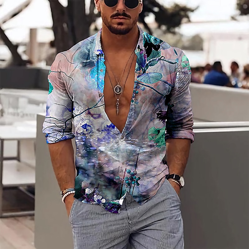 Men's Floral Shirt Button Up Shirt Long Sleeve Vintage Party Designer Daily Holiday Weekend Spring Fall Collar Classic Collar Print Red Blue Green2