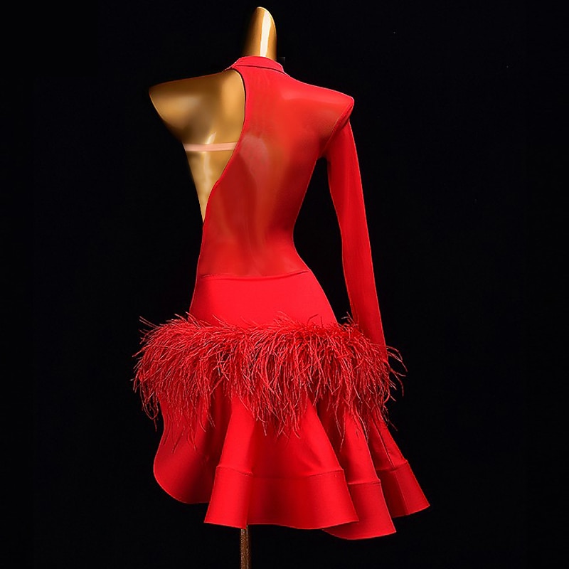 Dance Salsa Latin Dance Ballroom Dance Latin Salsa Dance Dress Feathers Rhinestone Women's Girls' Training Performance Long Sleeve2